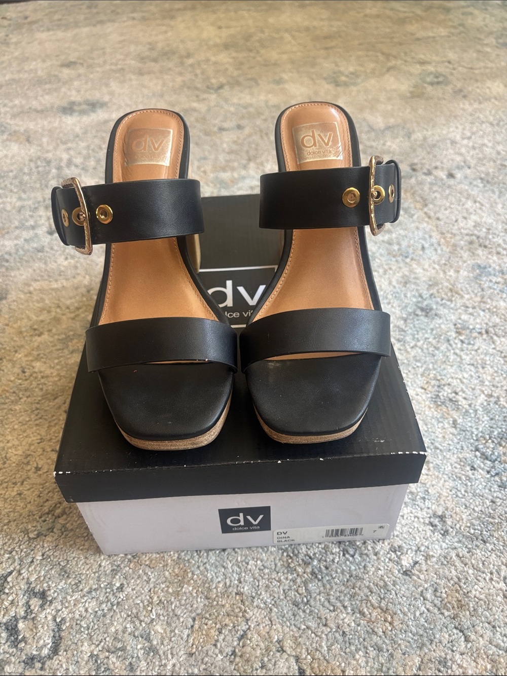 DV by Dolce Vita Black Leather Slide Mules with Gold Buckle